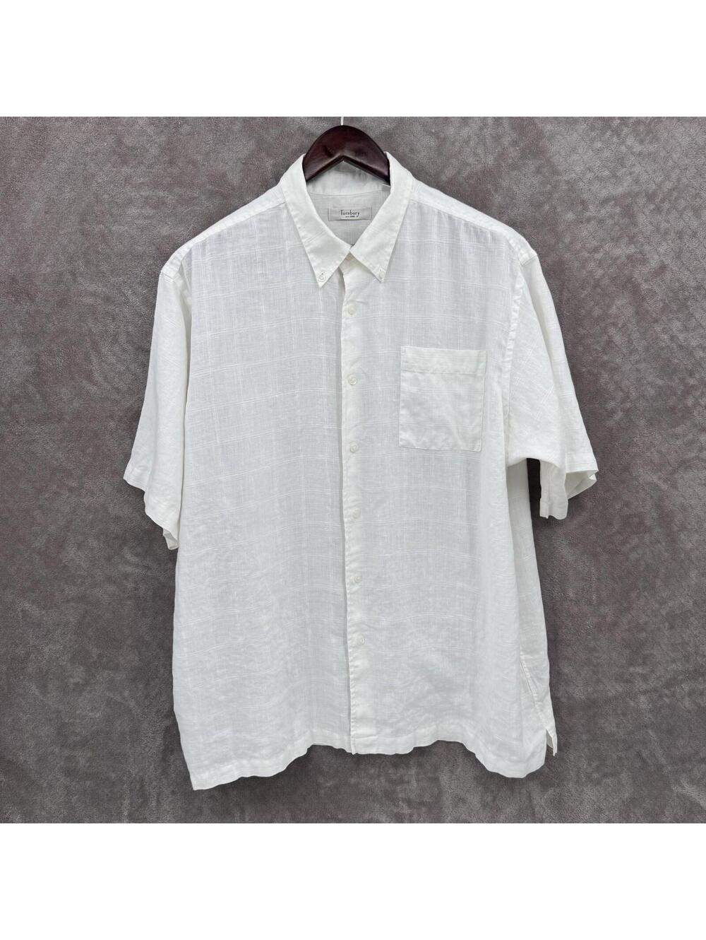 Turnbury Shirt Mens XL White Linen Check Short Sleeve Button Front Casual Summer